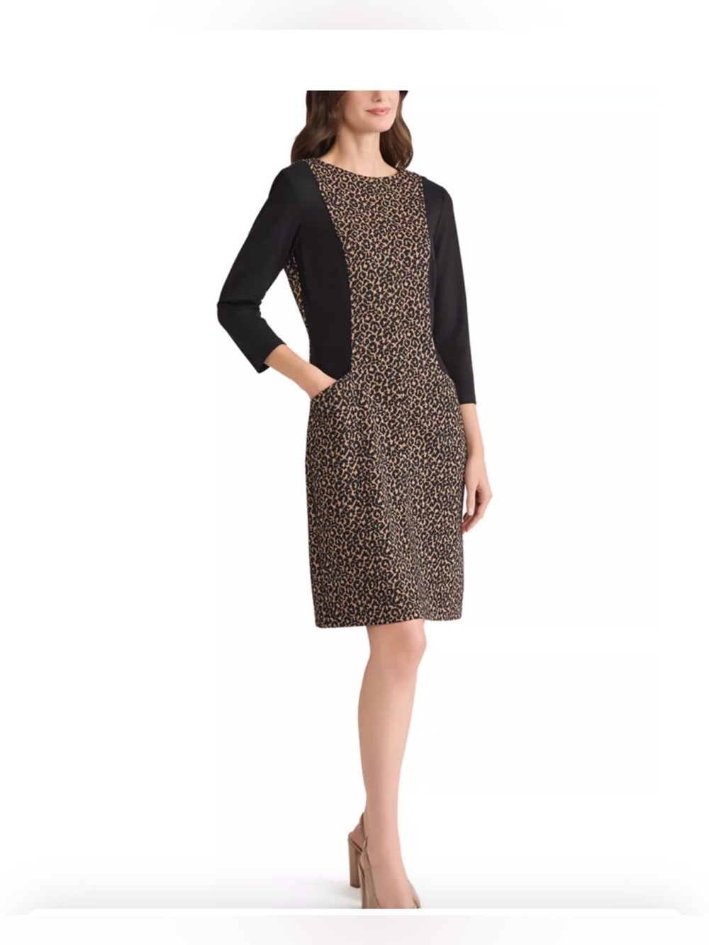 Kasper Leopard Print and Black Midi Sheath Dress